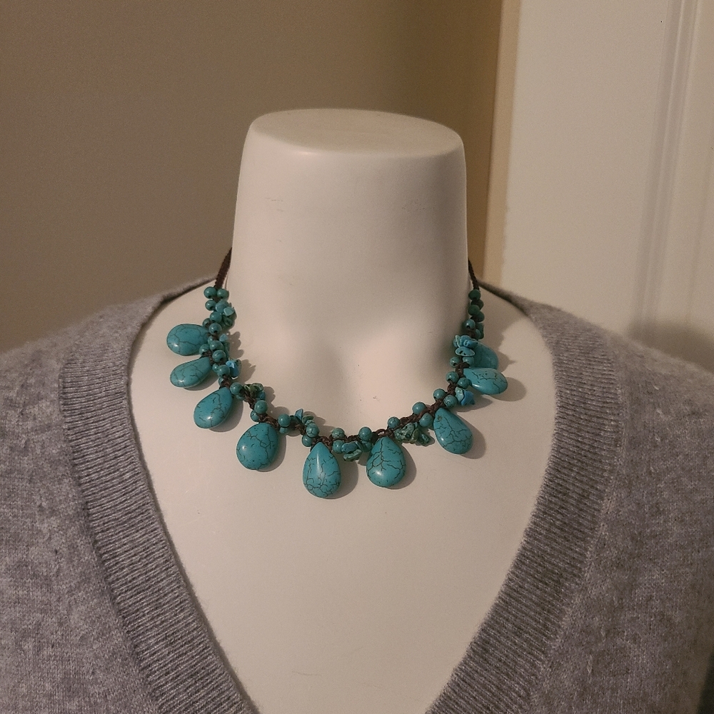 Beaded 16.5" Necklace Blue Turquoise Color Stones Handmade